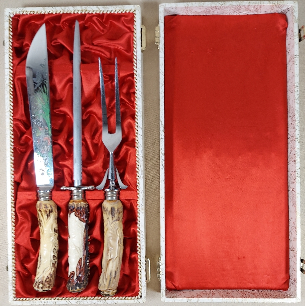 Vintage Anton Wingen Jr. Solingen 3 Pc Carving Set w/Box Germany Antler Handles